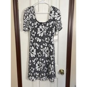 Kensie Floral Lace Dress Puff Sleeve‎ Black White Party Cocktail Size 2